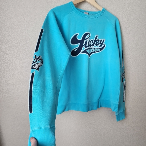 LUCKY BRAND x VINTAGE Y2K 2000s Stripe Sleeve crewneck logo Sweatshirt in blue M - Picture 7 of 8